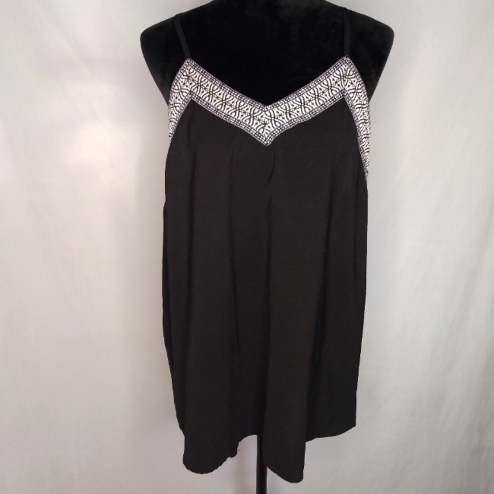 Boho, Black V-Neck Tank Top, Embroidered Collar